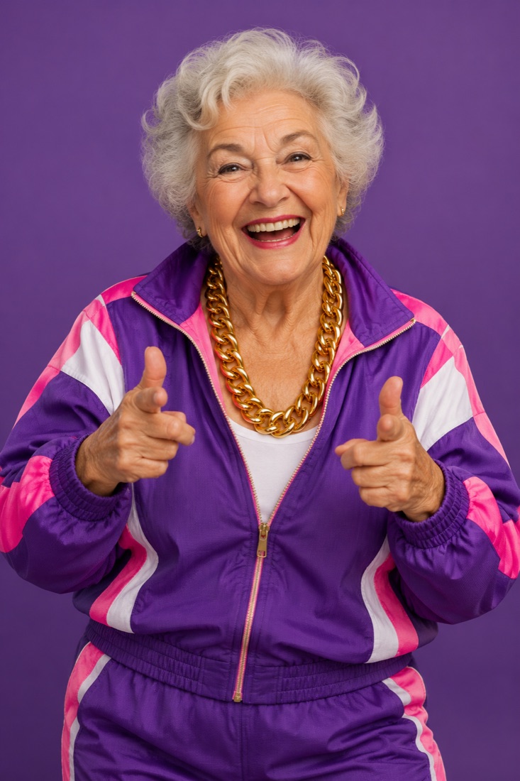 A grandmother rapping with gold chains